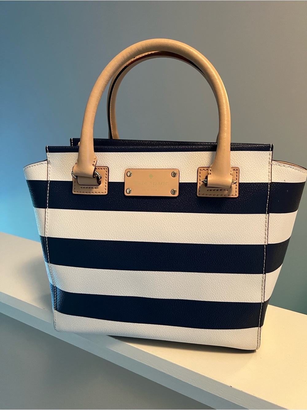 kate spade Navy and White Striped Satchel with Tan Handles
